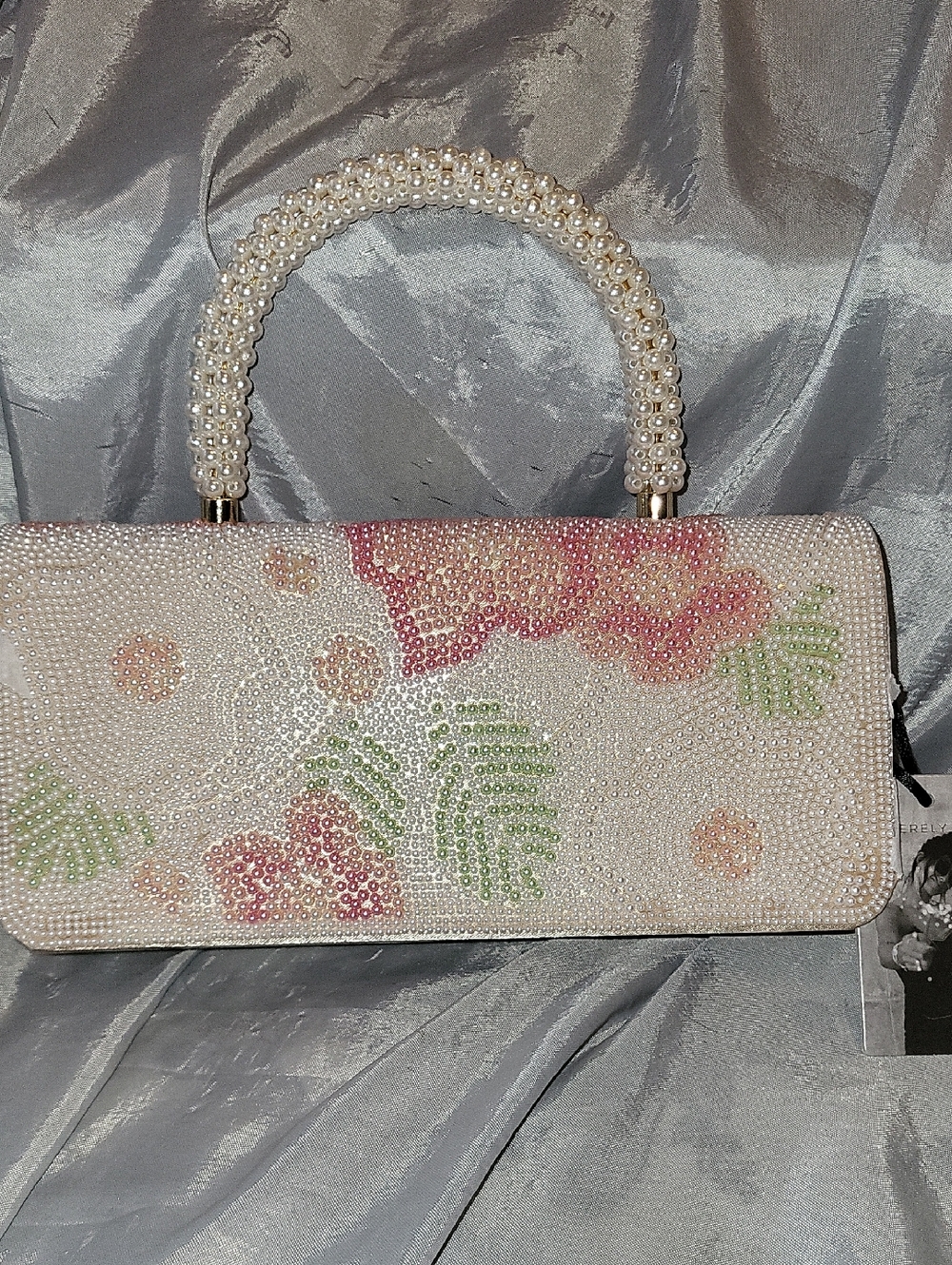 Sincerly Jules Pearl-Handle Beaded Floral Evening Clutch in White, Pink, Green